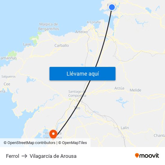 Ferrol to Vilagarcía de Arousa map