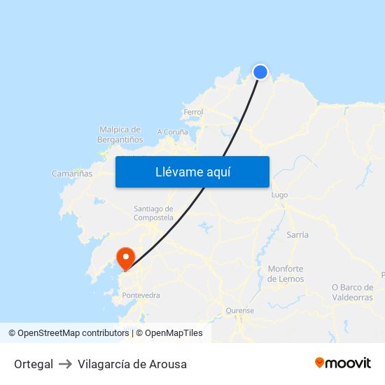 Ortegal to Vilagarcía de Arousa map