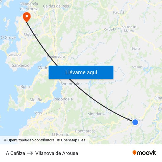 A Cañiza to Vilanova de Arousa map