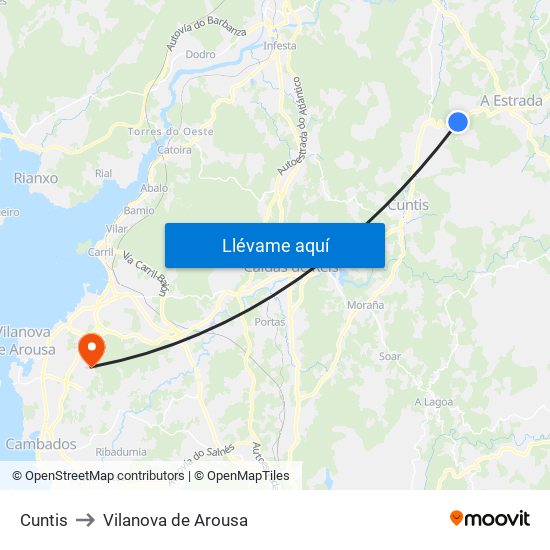 Cuntis to Vilanova de Arousa map