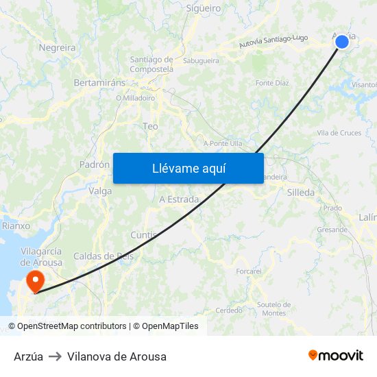 Arzúa to Vilanova de Arousa map