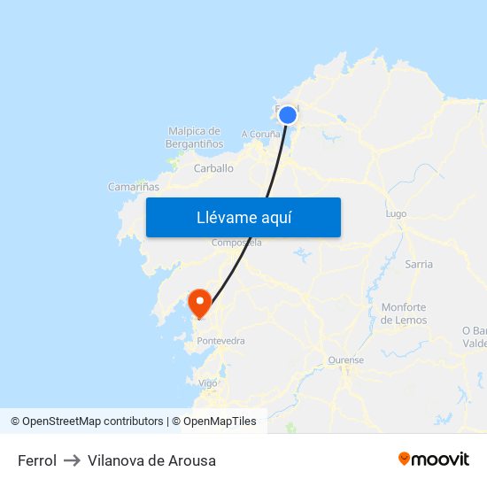 Ferrol to Vilanova de Arousa map