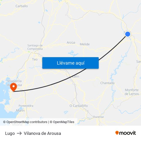 Lugo to Vilanova de Arousa map