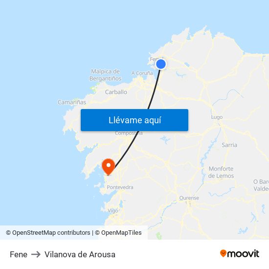 Fene to Vilanova de Arousa map