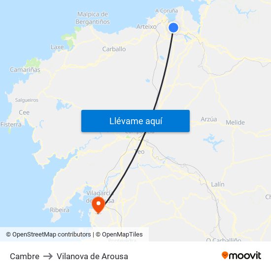 Cambre to Vilanova de Arousa map