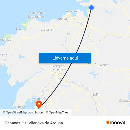 Cabanas to Vilanova de Arousa map