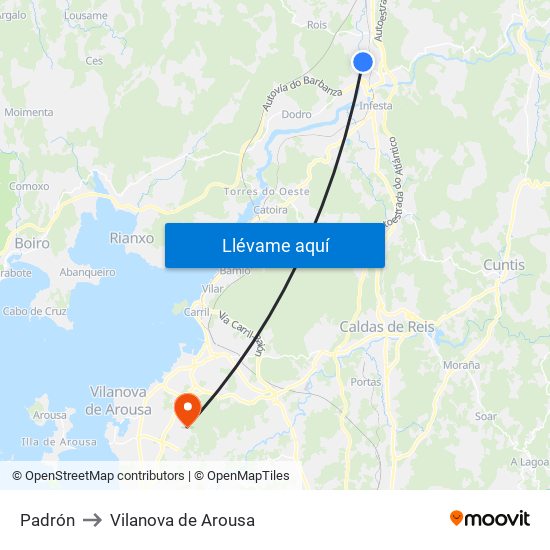 Padrón to Vilanova de Arousa map