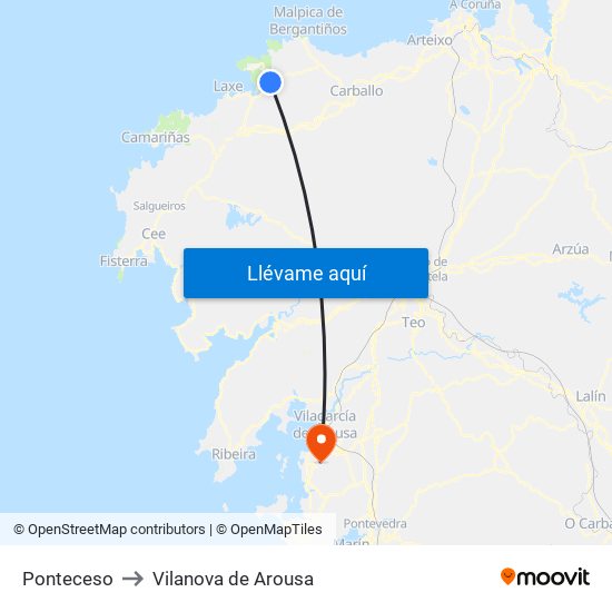 Ponteceso to Vilanova de Arousa map