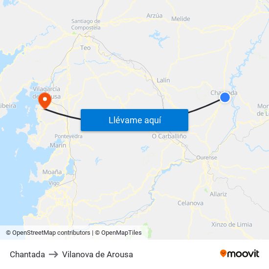 Chantada to Vilanova de Arousa map