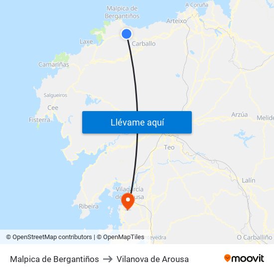 Malpica de Bergantiños to Vilanova de Arousa map