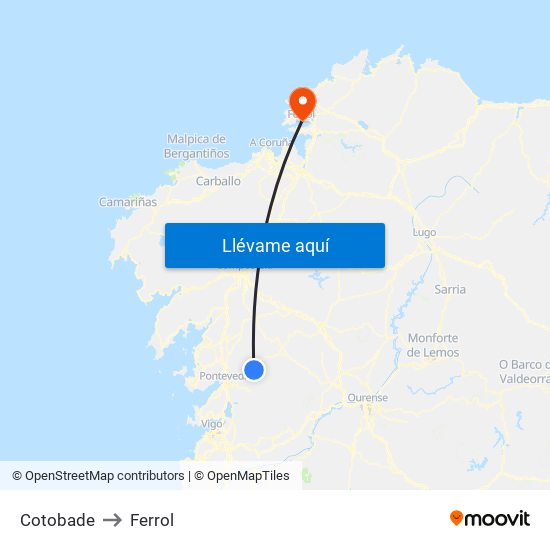 Cotobade to Ferrol map