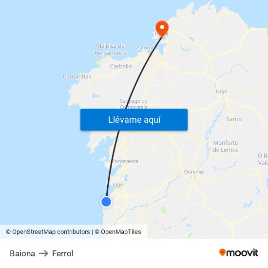 Baiona to Ferrol map
