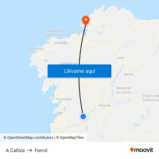 A Cañiza to Ferrol map