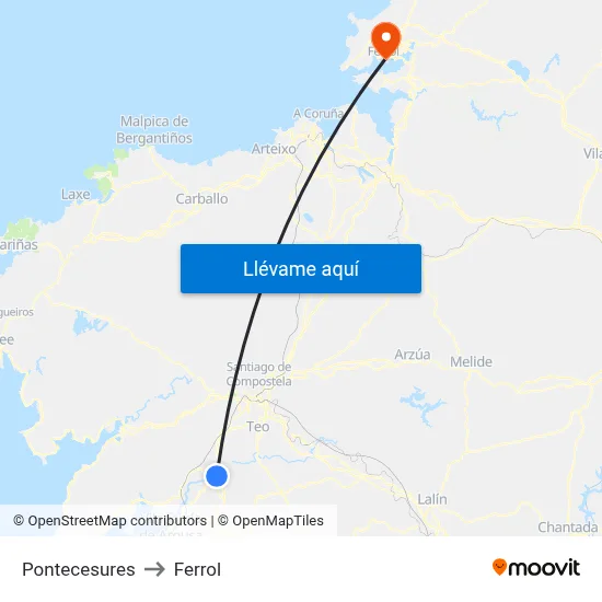Pontecesures to Ferrol map