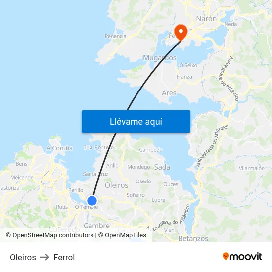 Oleiros to Ferrol map