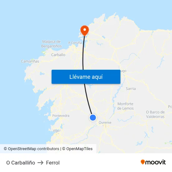 O Carballiño to Ferrol map