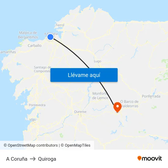 A Coruña to Quiroga map