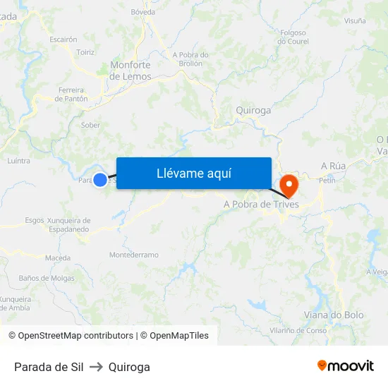 Parada de Sil to Quiroga map