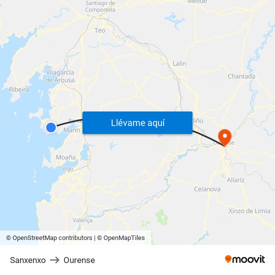 Sanxenxo to Ourense map