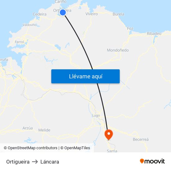 Ortigueira to Láncara map