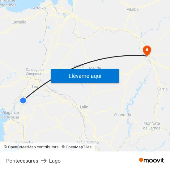 Pontecesures to Lugo map