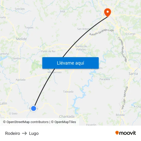 Rodeiro to Lugo map
