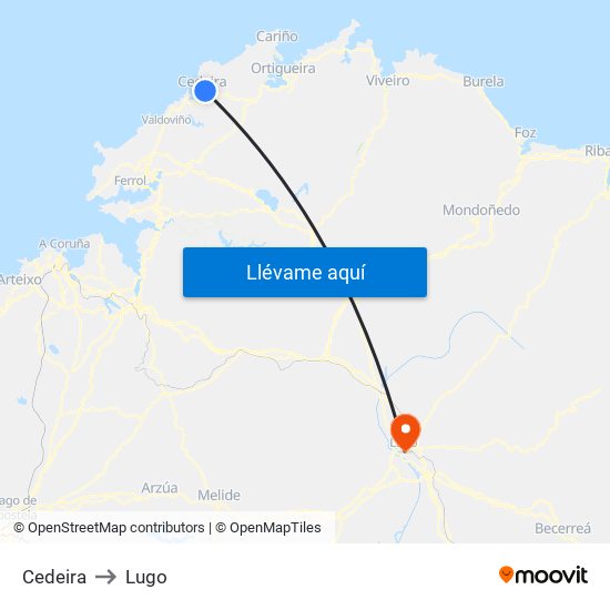 Cedeira to Lugo map