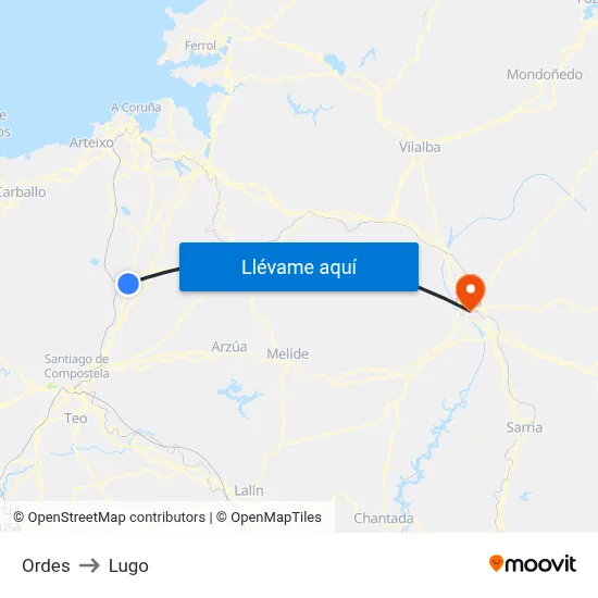 Ordes to Lugo map