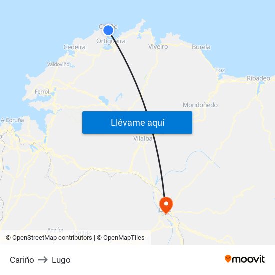 Cariño to Lugo map