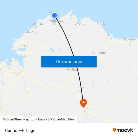 Cariño to Lugo map