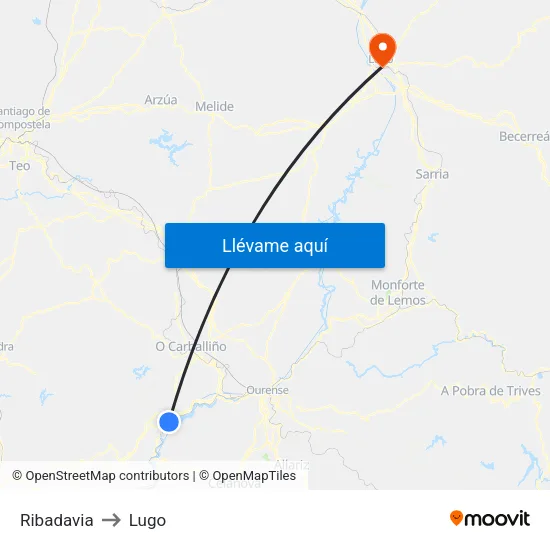 Ribadavia to Lugo map