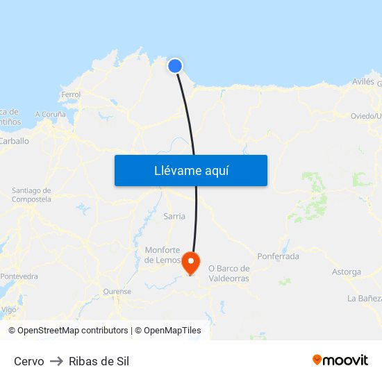 Cervo to Ribas de Sil map