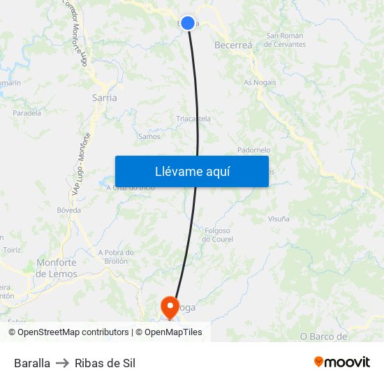 Baralla to Ribas de Sil map