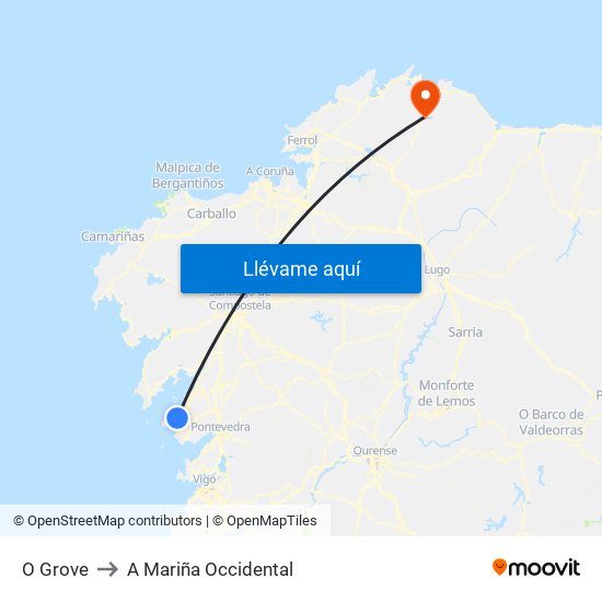 O Grove to A Mariña Occidental map