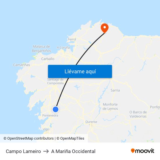 Campo Lameiro to A Mariña Occidental map