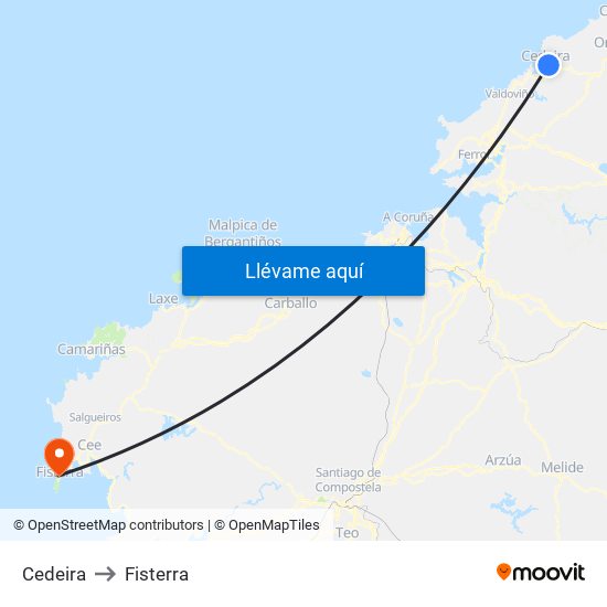 Cedeira to Fisterra map