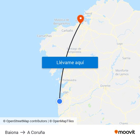 Baiona to A Coruña map