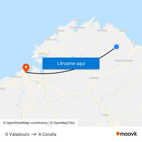 O Valadouro to A Coruña map