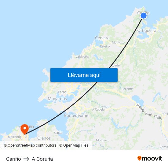 Cariño to A Coruña map