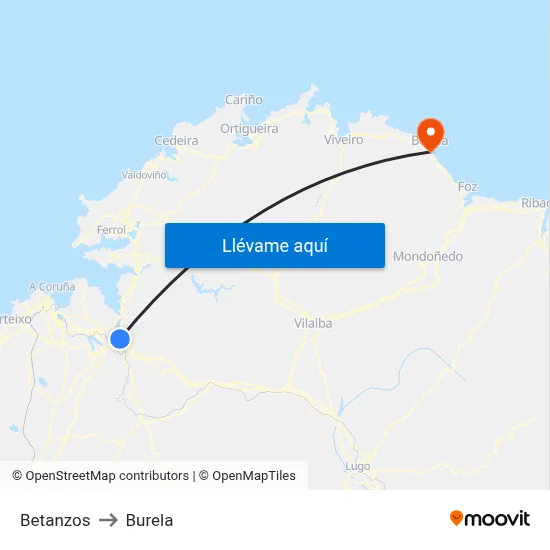 Betanzos to Burela map