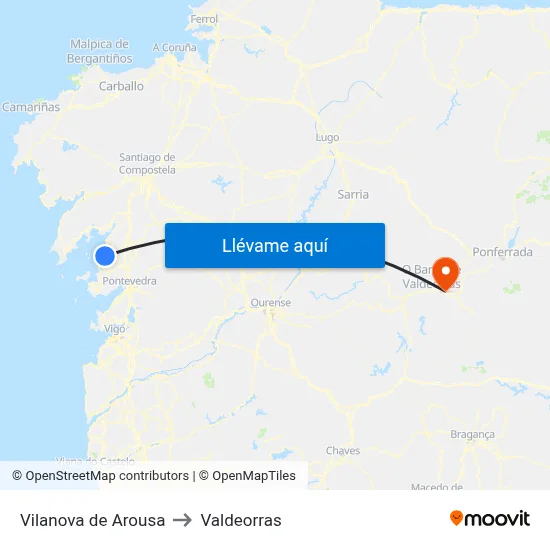 Vilanova de Arousa to Valdeorras map