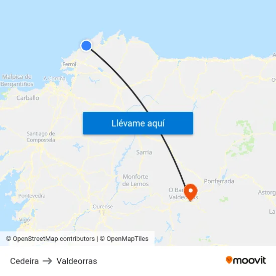 Cedeira to Valdeorras map