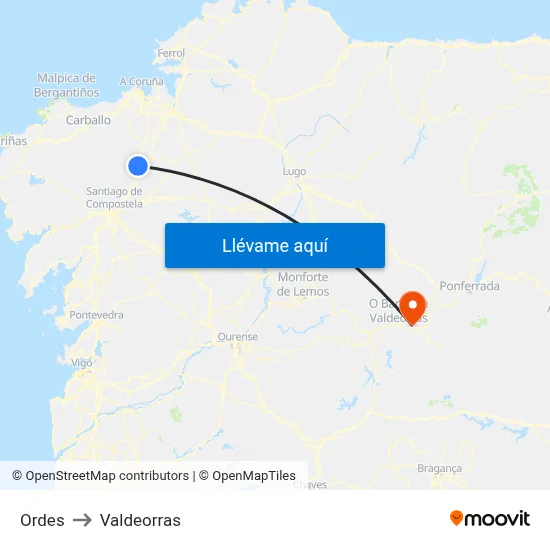 Ordes to Valdeorras map