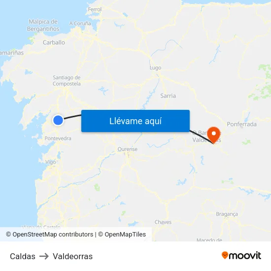 Caldas to Valdeorras map