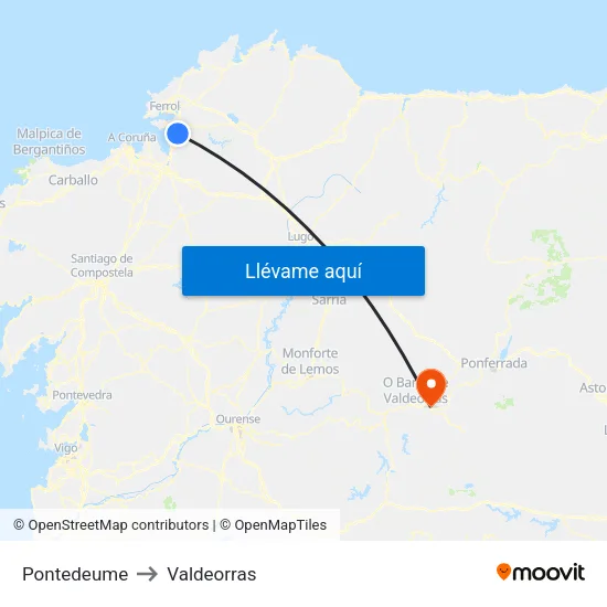 Pontedeume to Valdeorras map