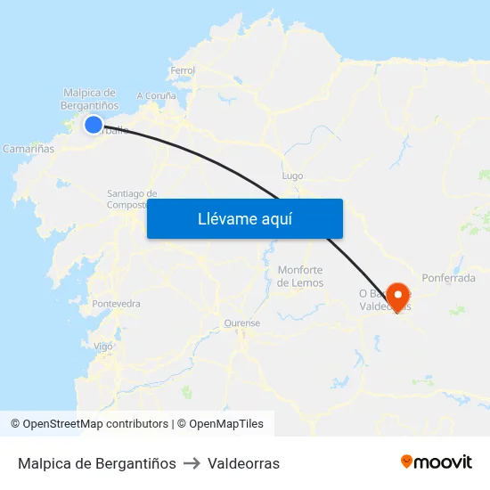 Malpica de Bergantiños to Valdeorras map
