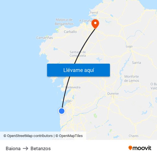 Baiona to Betanzos map