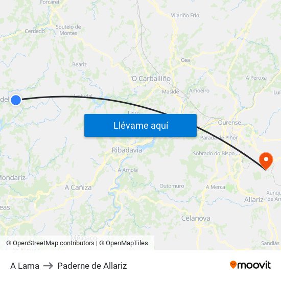 A Lama to Paderne de Allariz map