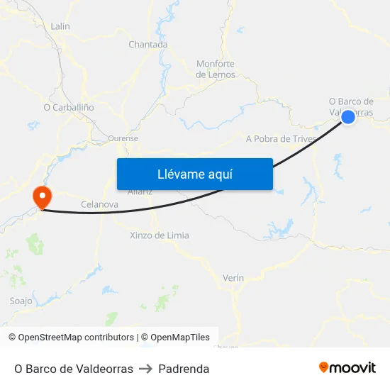 O Barco de Valdeorras to Padrenda map