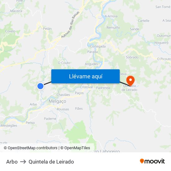 Arbo to Quintela de Leirado map